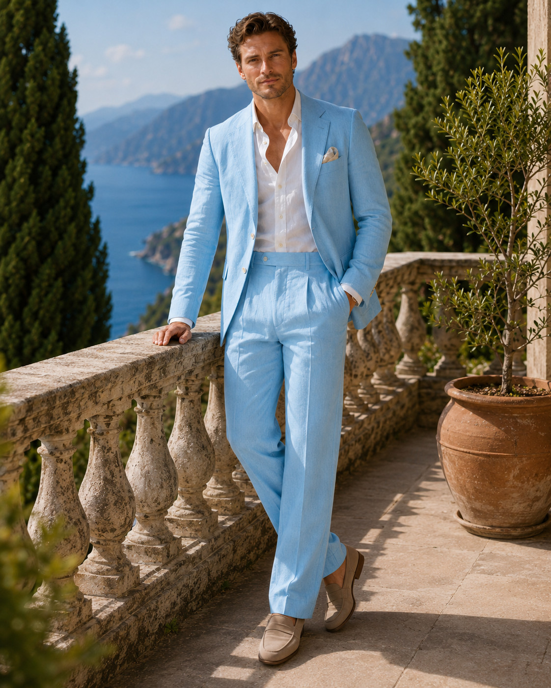 Mens Light Blue Linen Suit Jacket Pants Wedding Beach Prom Groom Party 2pc Set
