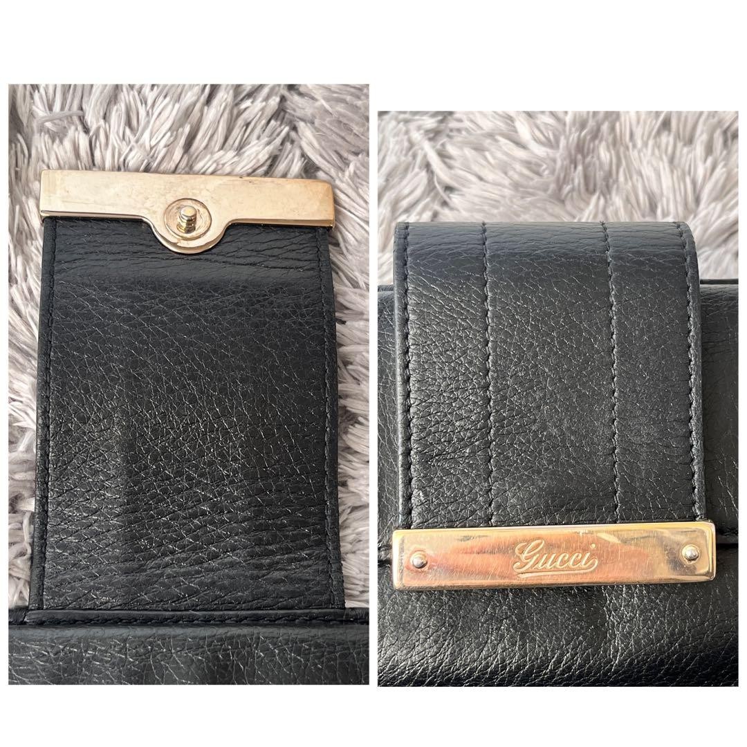 Beautiful Condition GUCCI Shima Logo Plate Gold Folding Wallet Black