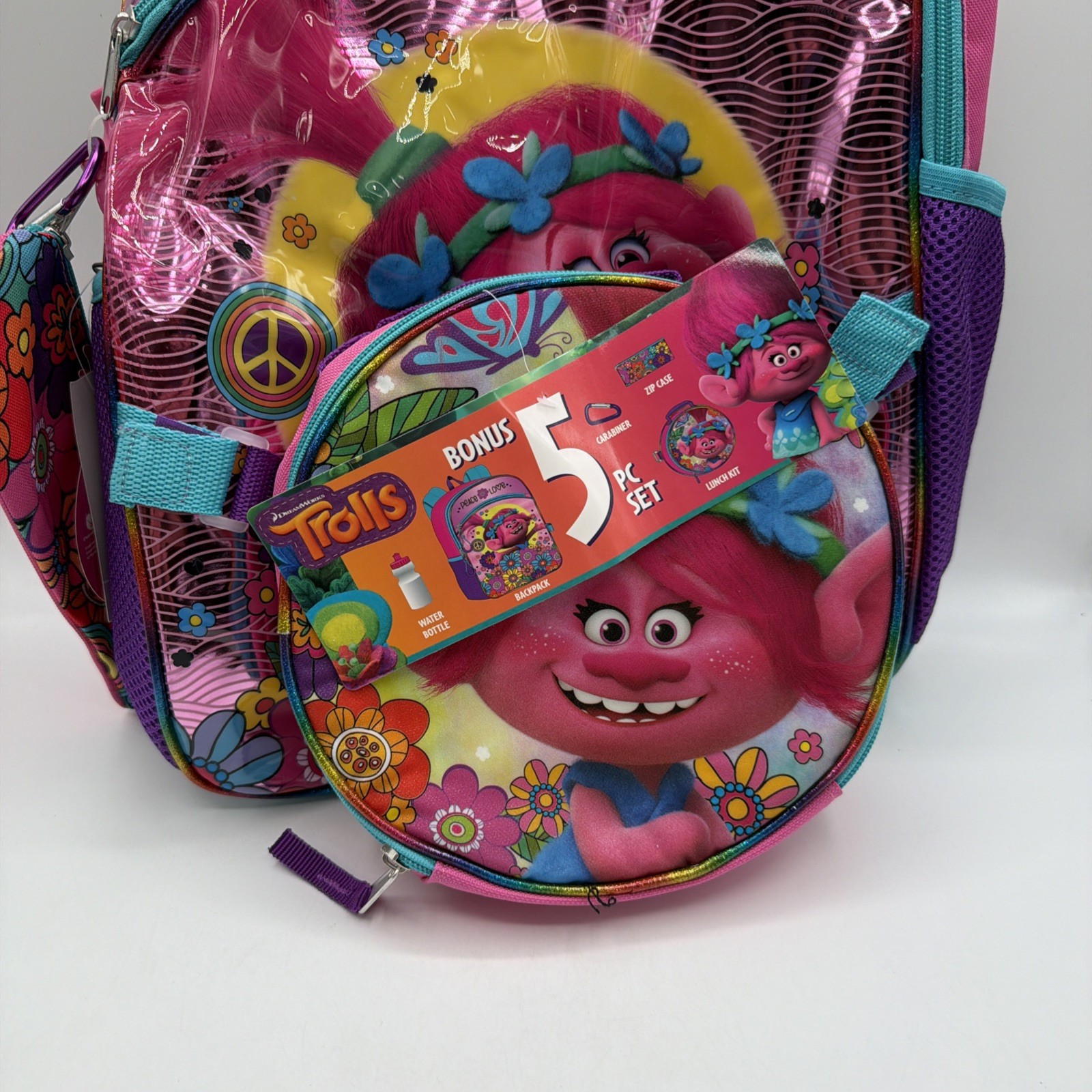 Trolls 5-Pc Backpack Set with Water Bottle, Lunch Bag, Pencil Case, Carabiner