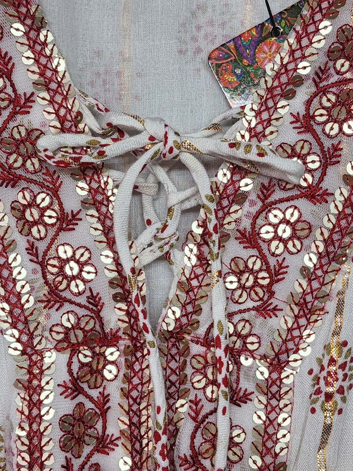 Anthropologie Me 2 Magic Size S Ivory Smocked Boho Maxi Dress Glitter Sequins