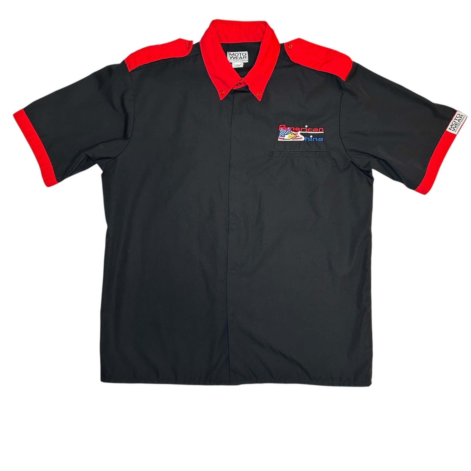 MotoWear International Mens Short Sleeve Work Shirt Black Red American Shine L