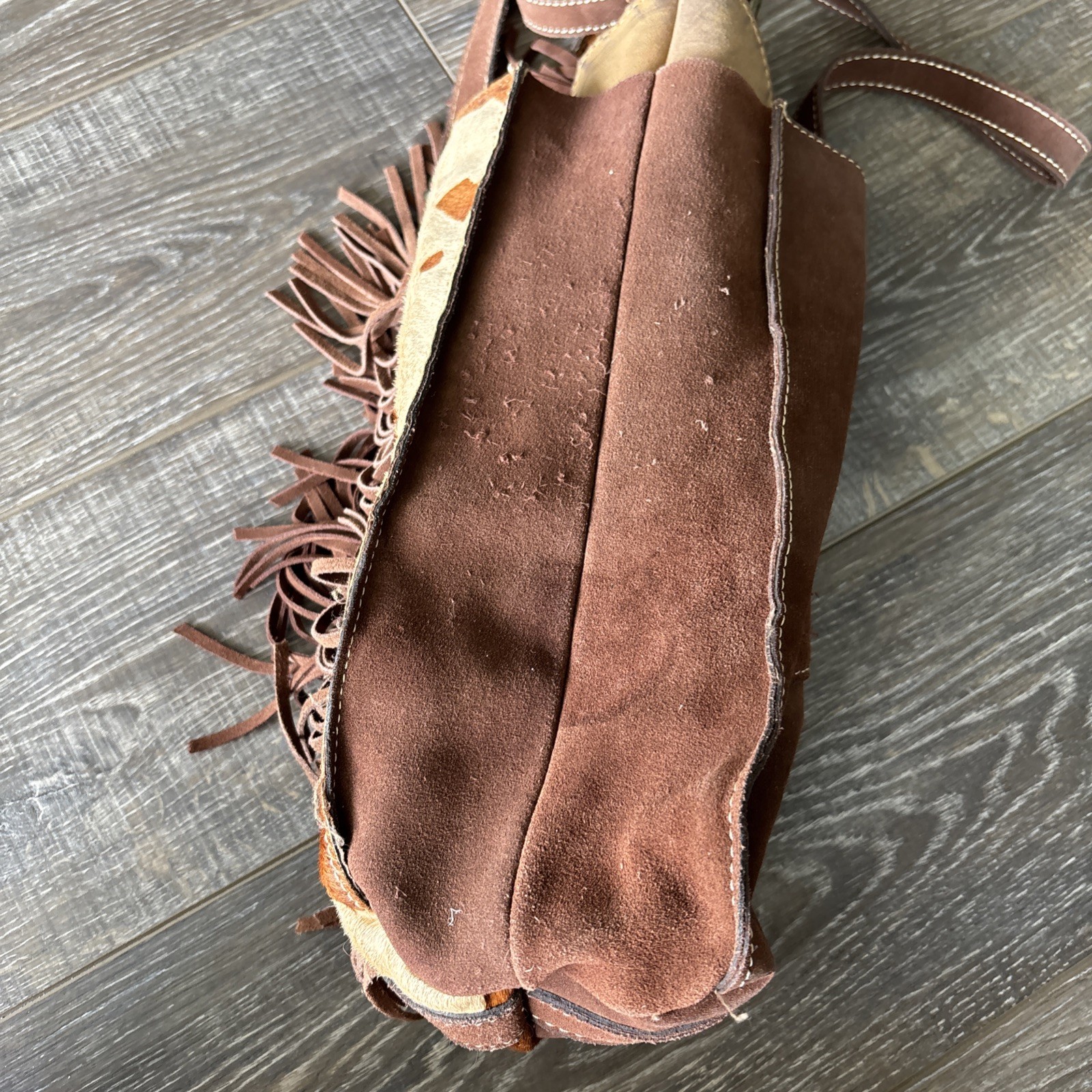 Patricia Nash Leather & Cowhide Print Mwith Leather Fringe Tote Purse – See Pics