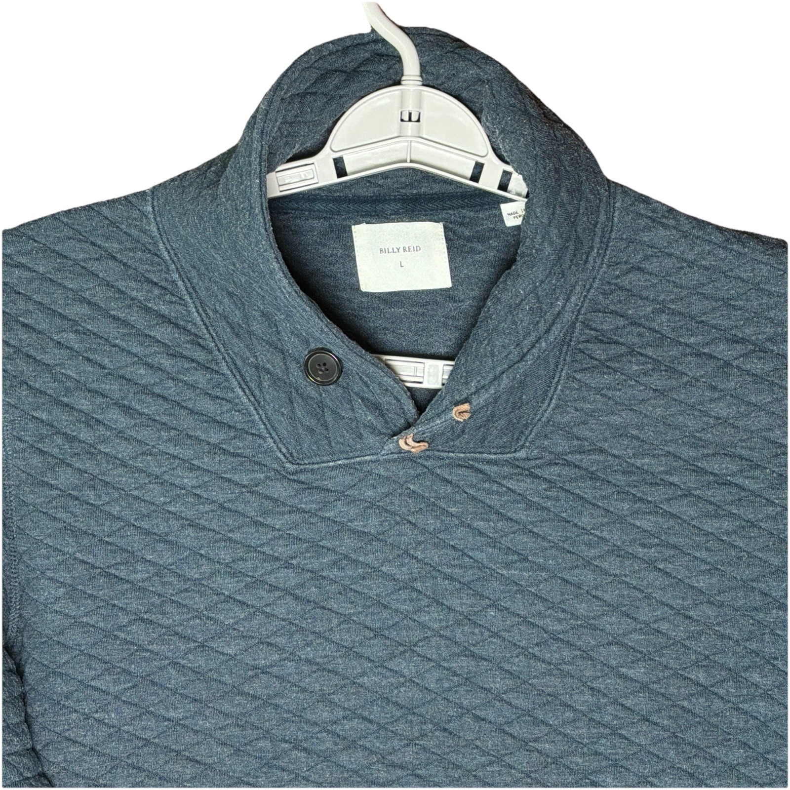 Billy Reid Quilted Sweater Men L Blue Pullover Cowl Shawl Neck Elbow Patches