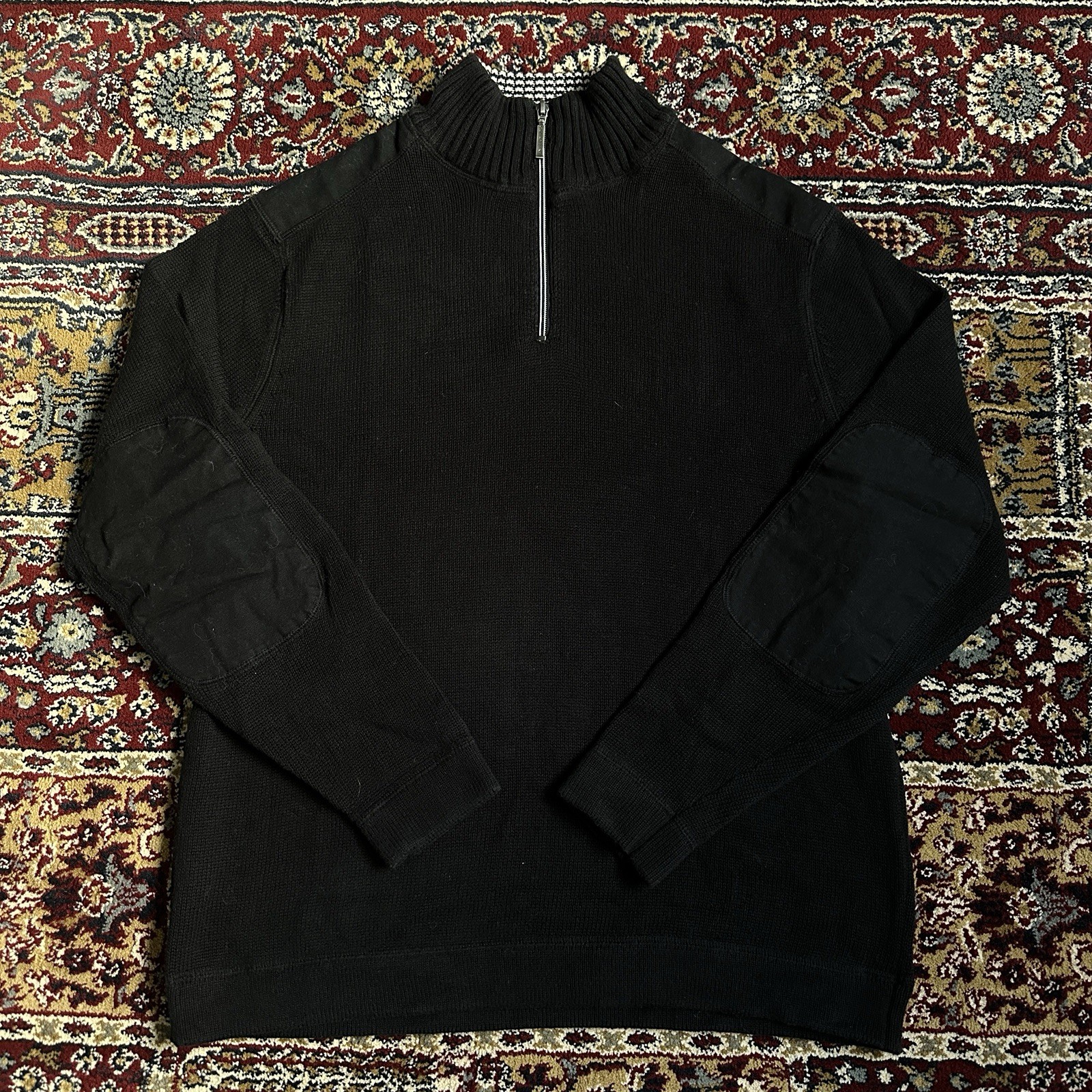Geoffrey Beene Men’s Medium Black Quarter-Zip Sweater w/ Elbow Shoulder Patches