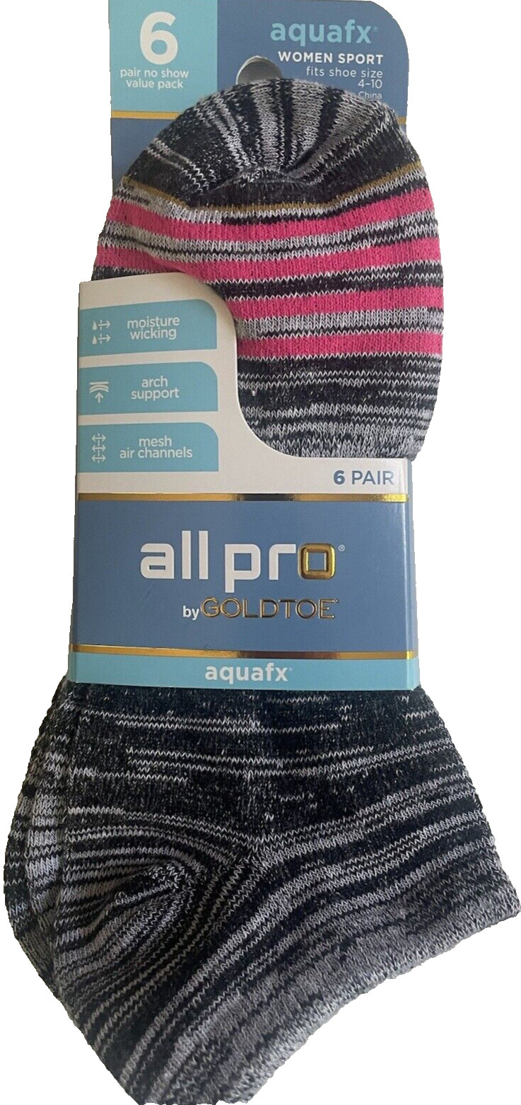 6 Pairs Gold Toe All Pro Aquafx Gray Pattern No Show Socks Shoe Sz 4-10