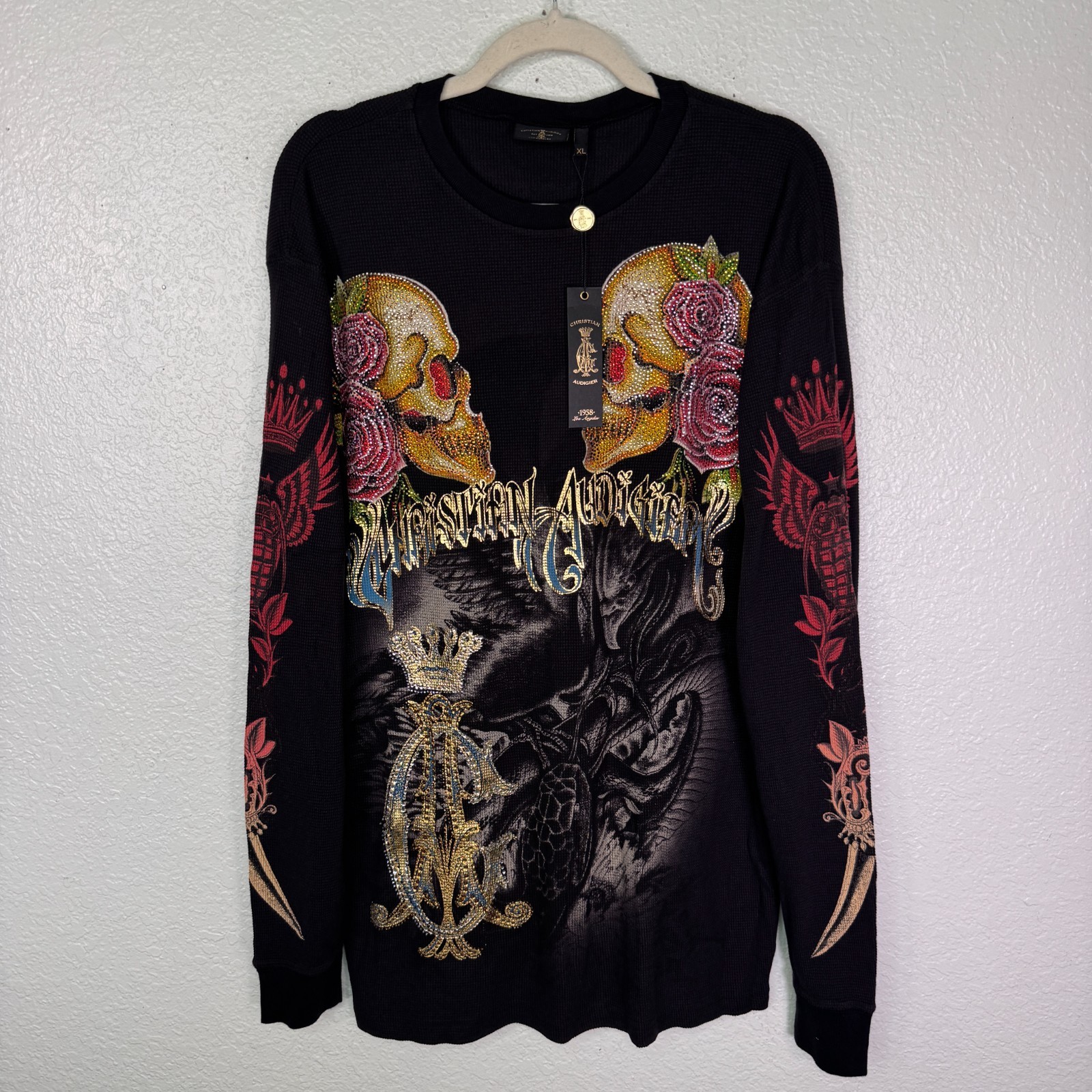 Christian Audigier Shirt Mens XL Thermal Y2K Skull Snake Eagle Battle Tattoo NEW