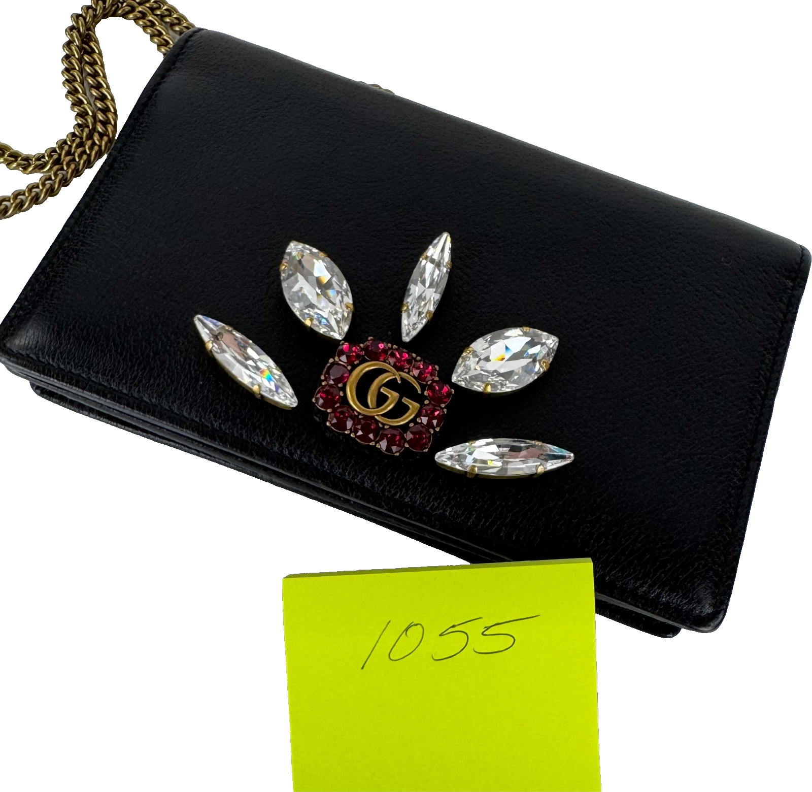 Gucci New Auth Black Leather Mini GG Marmont Crystal Wallet Chain Bag Dust Bag