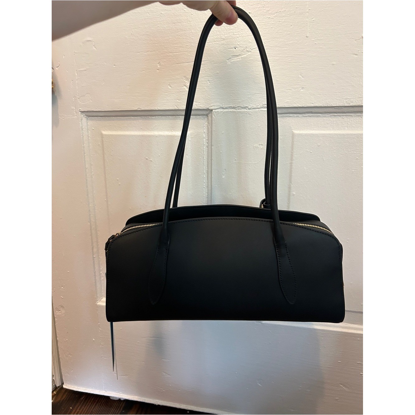 Parisa Wang Gabrielle East-West Shoulder Bag Black Gold Zip and Padlock Accent