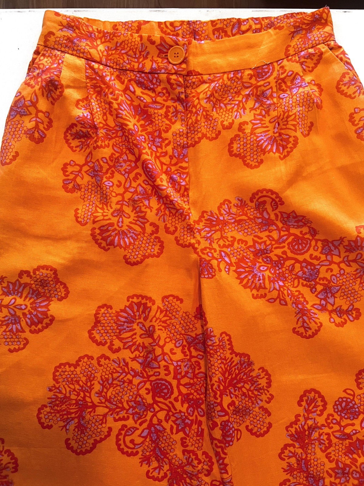 Caroline Constas Wide Leg High Waist Linen Pants Sz Medium Orange Purple Paisley