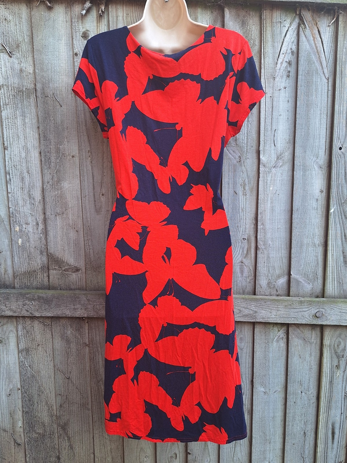 Phase Eight Ruched Red Navy Blue Summer Jersey Stretch Dress UK 16 EU 44 USA 12