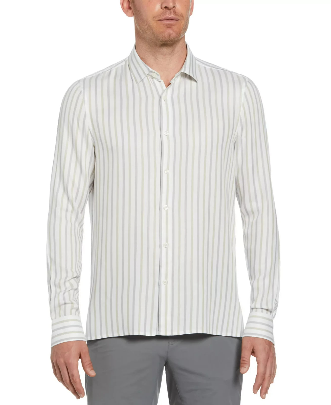 Perry Ellis Long Sleeve Button-Front Yarn Dyed Striped Shirt Men’s S White Multi