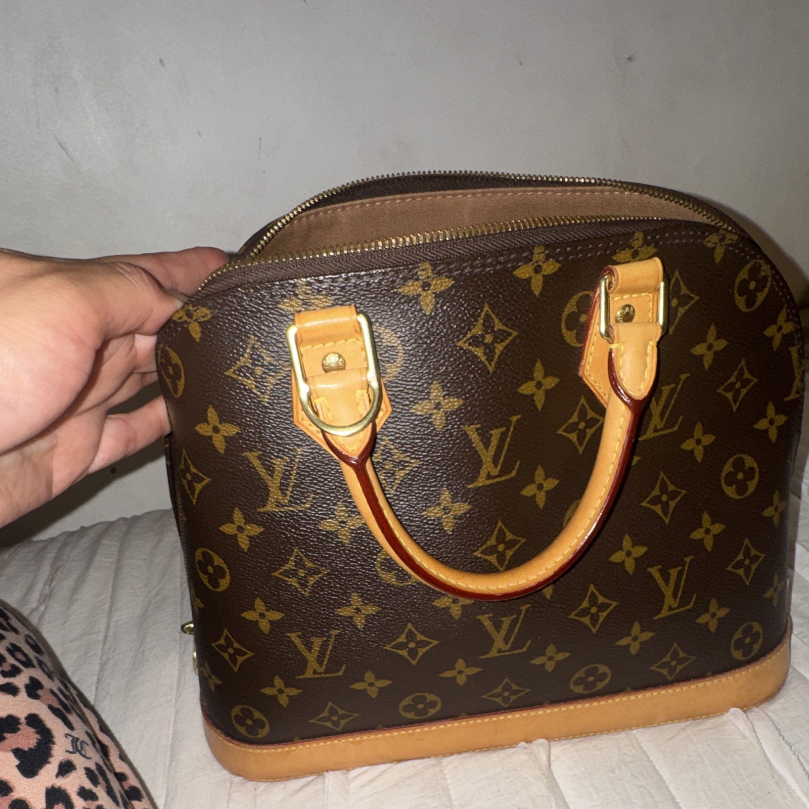 Louis Vuitton Monogram Alma Top Handle Satchel Brown Tan Gold Hardware Lock