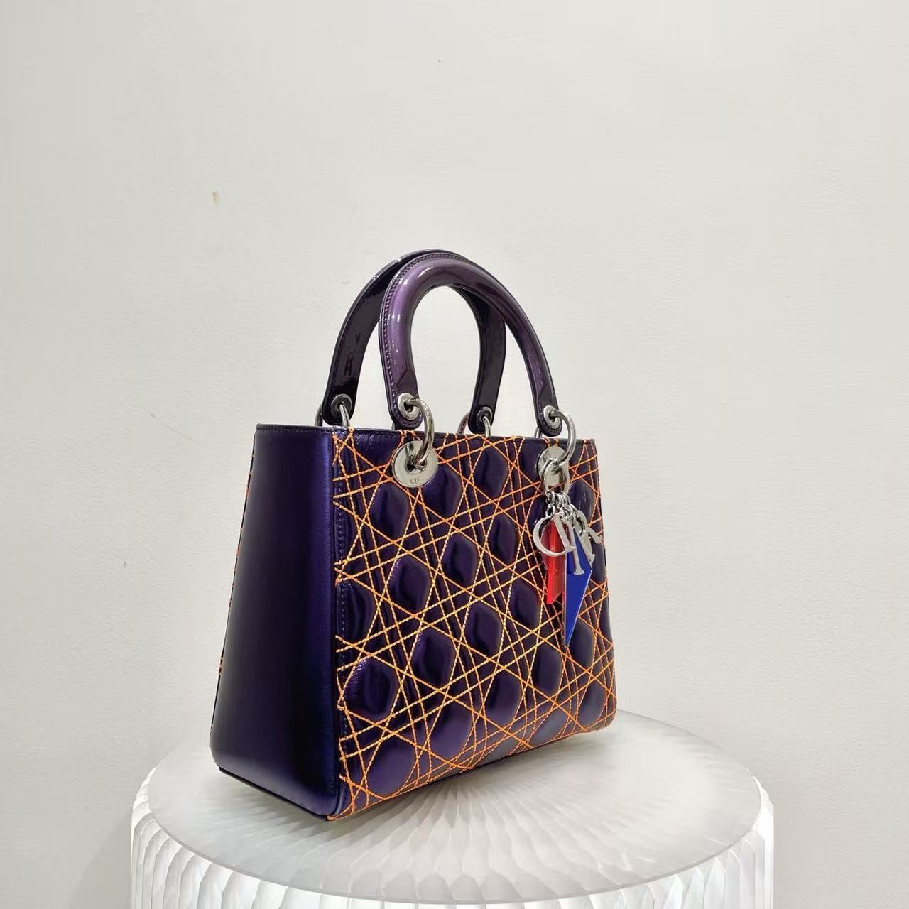 Dior Lady Dior Small Blue Calfskin Orange Stitching Cannage Handle/Crossbody Bag
