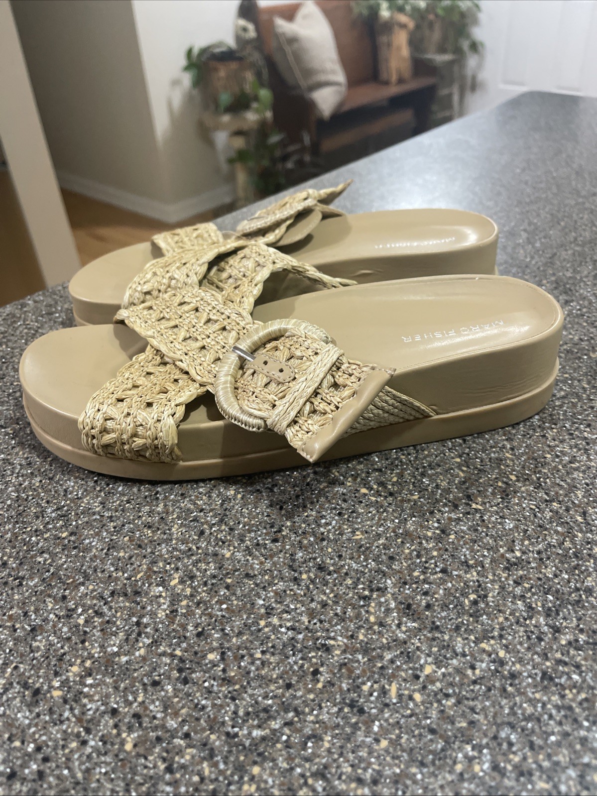 Marc Fisher Welti Sandals Slip On Slide Platform Wedge Tan Straw Buckle 9.5M