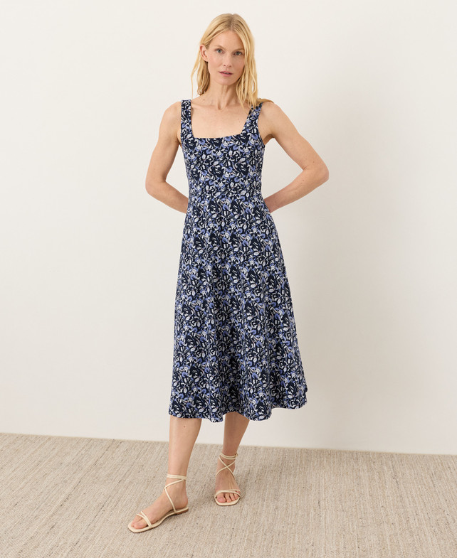 PACT Organic Fit & Flare Square Neck Dress, Paradise Petals Navy Blue