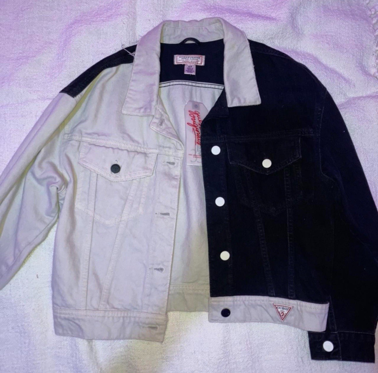 GUESS JEANS Colorblock Black/White Collared Button Pockets Denim Jacket S/P