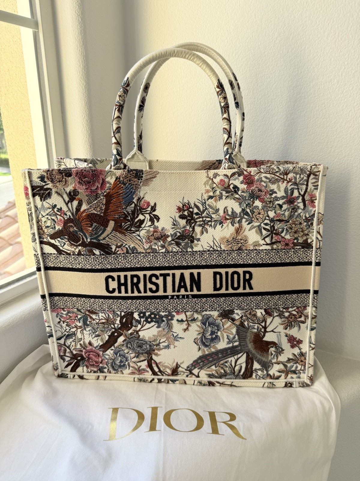 Dior Book Tote Beige Multicolor Floral Logo Tote Double Handles Open w/ Card