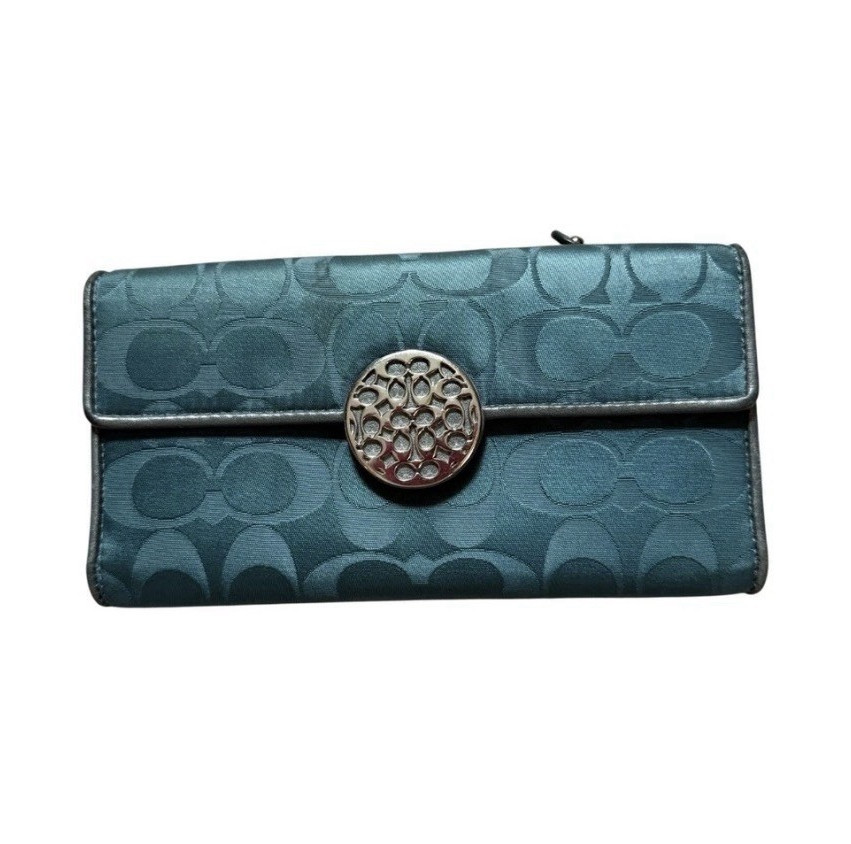 Coach Blue Signature Logo Zip-Around Wallet w/ Credit Card Slots