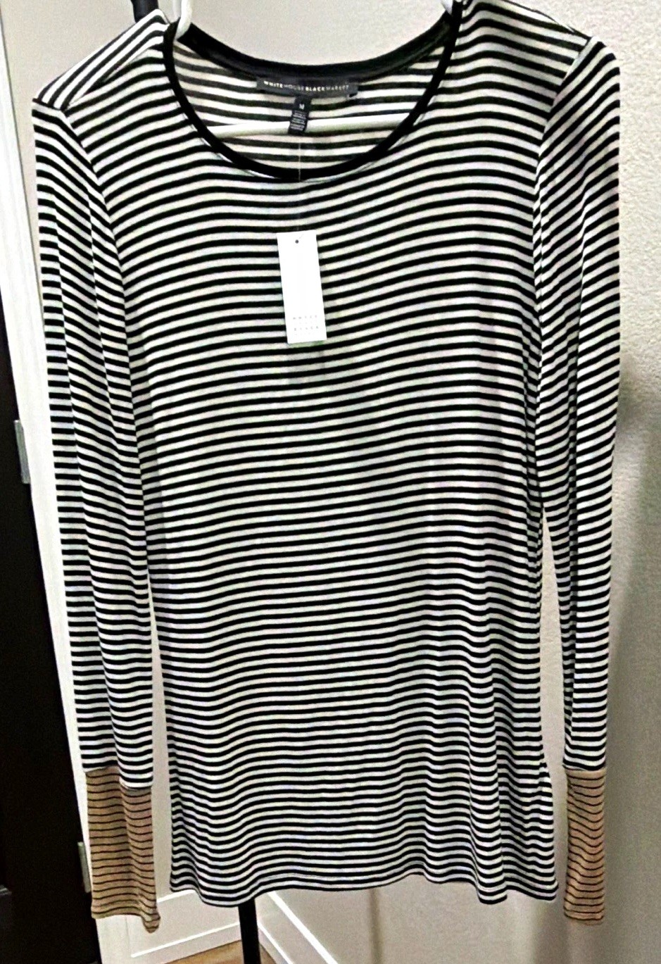White House Black Market Black & Ecru Striped Long Sleeve Crew Neck Tee M