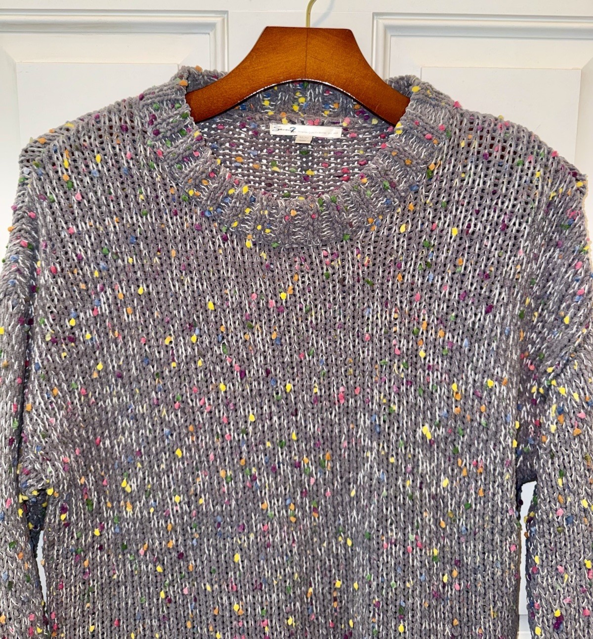 Seven 7 Womens Knit Polyester Blend LS Mock Neck Gray Colorful Dotted Sweater M