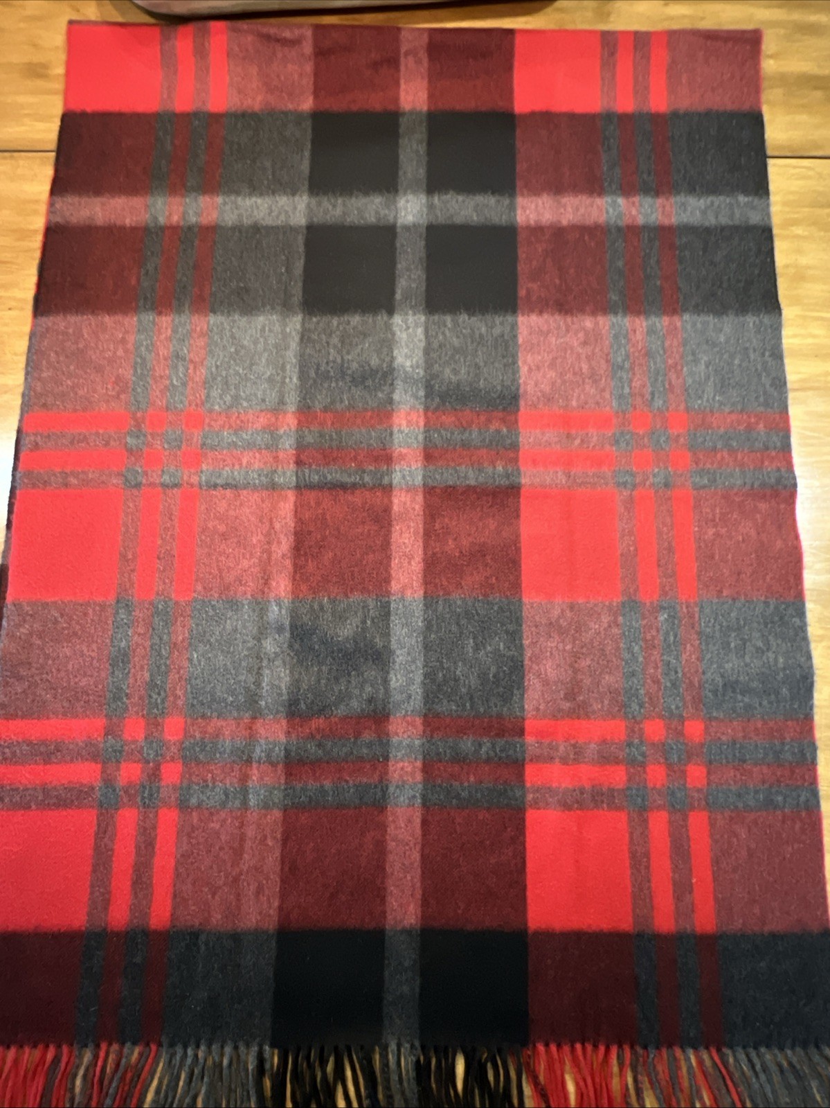 Joshua Ellis 100% Cashmere Red Gray Plaid Check Scarf 28×75