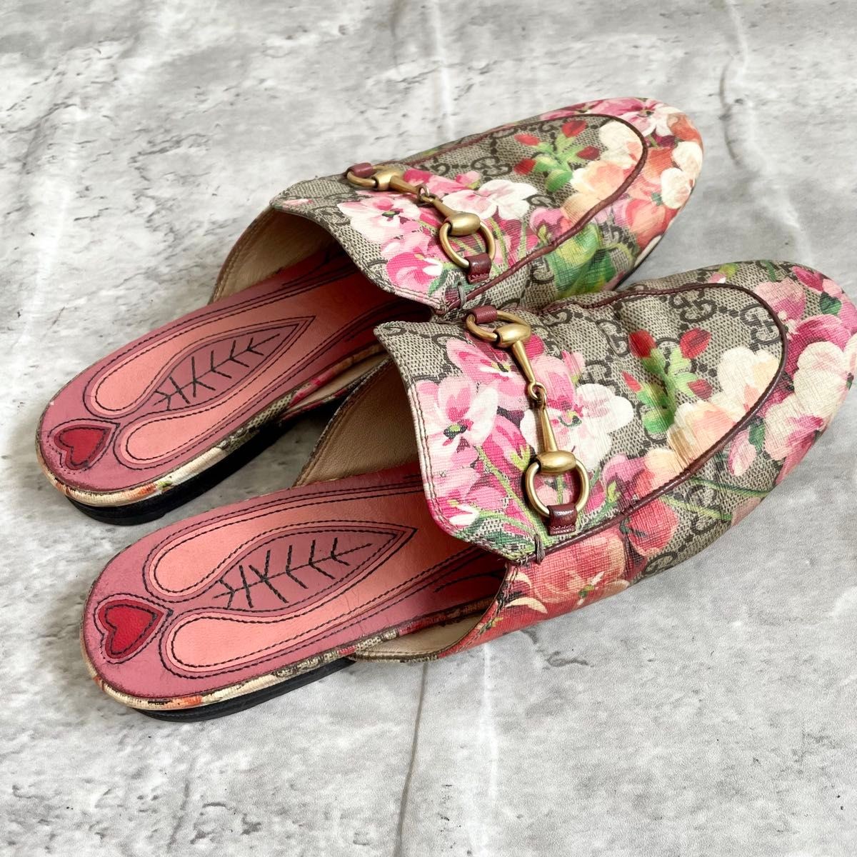 GUCCI GG Blooms Mules Sandals Pink Flower Horsebit Size EU 38 / US 8 Used