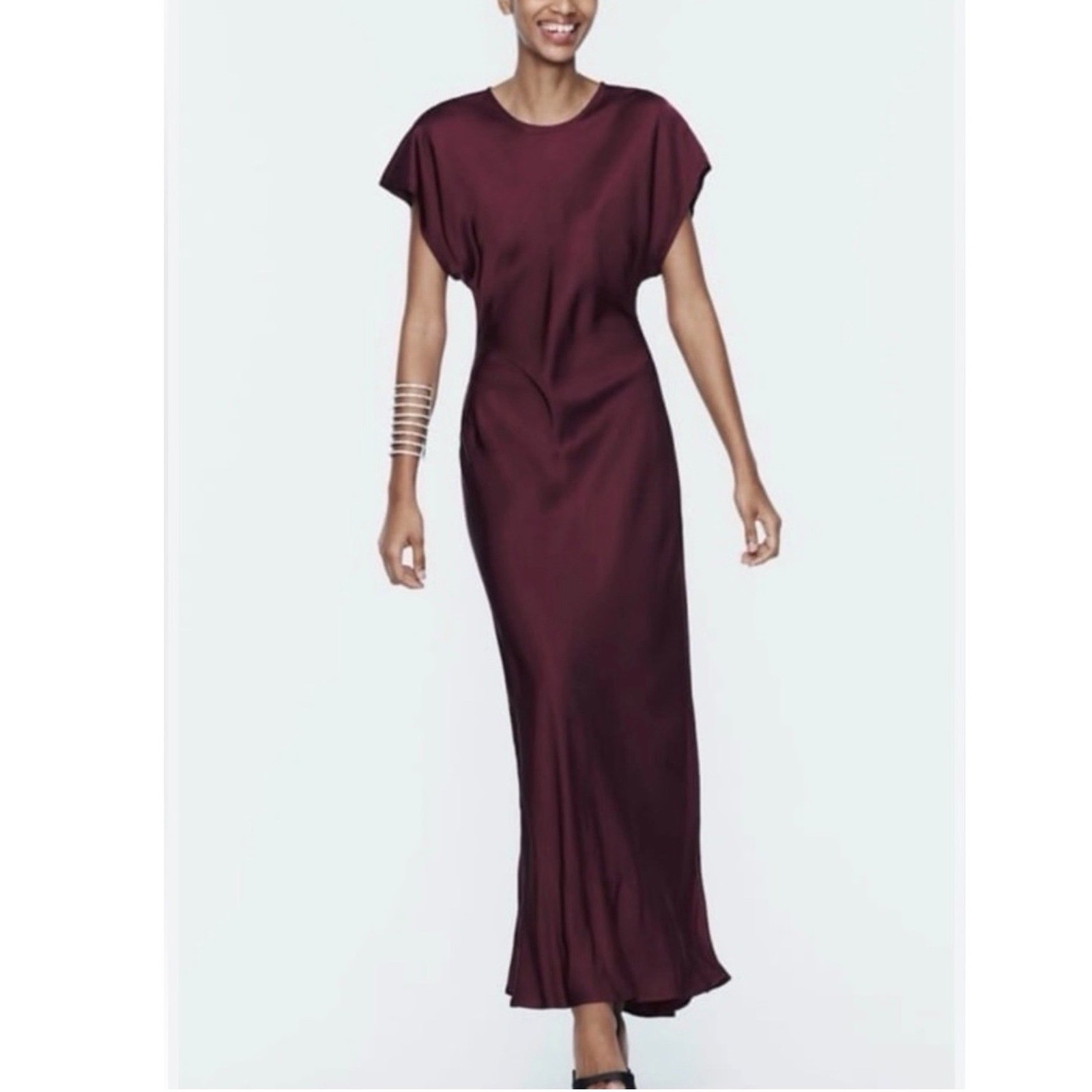 Zara Burgundy Satin Maxi Dress Cap Sleeve NWT Size S Minimalist Plum Wine
