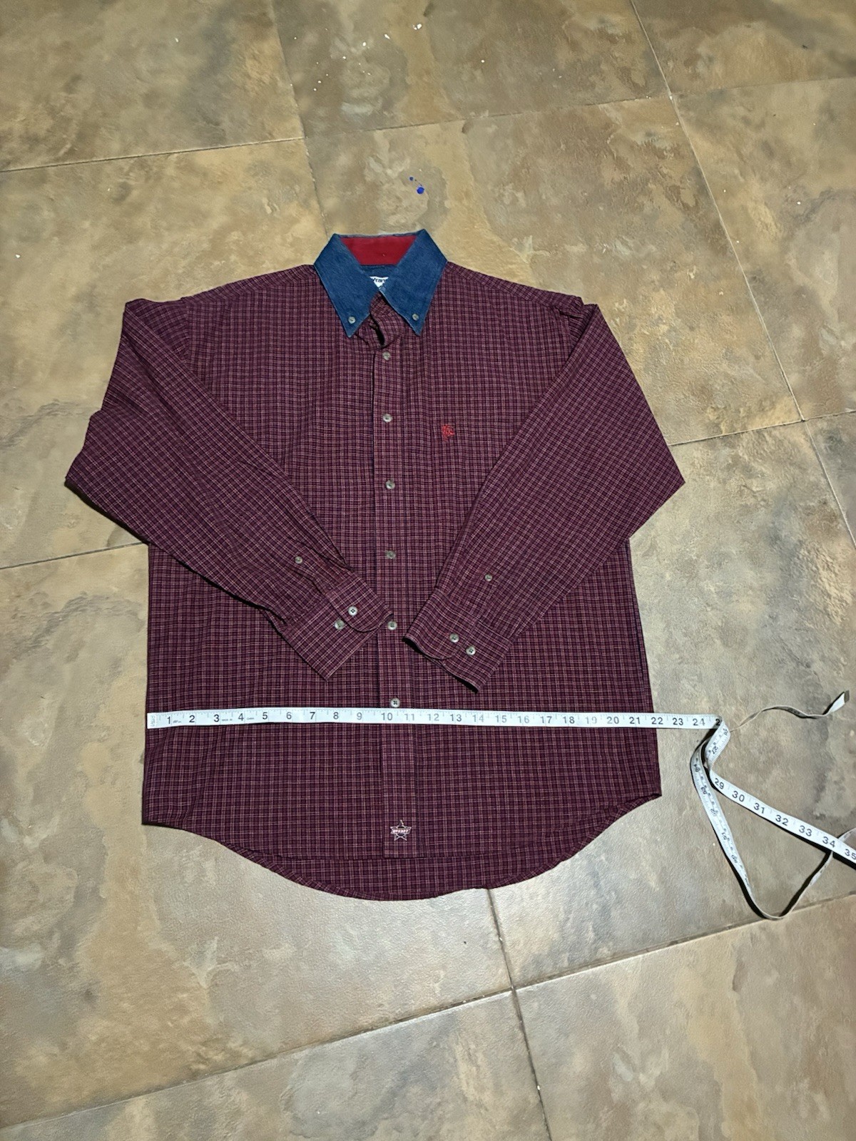 Wrangler PBR Professional Bull Riding Western Button Up Shirt Plaid Beige Red