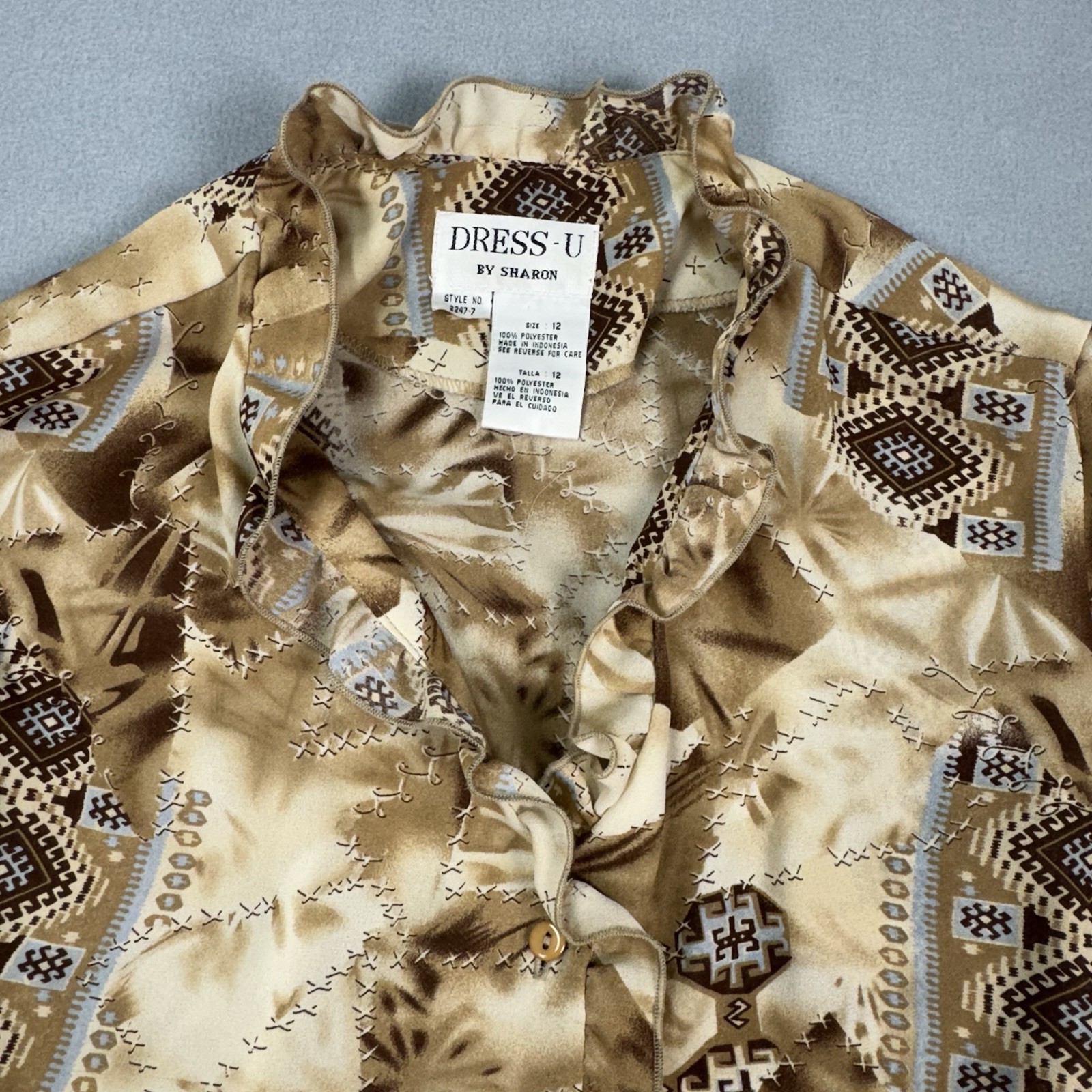 Vtg Y2K Dress-U Sharon Boho Ruffle Blouse Size 12 Tan Geometric Eclectic