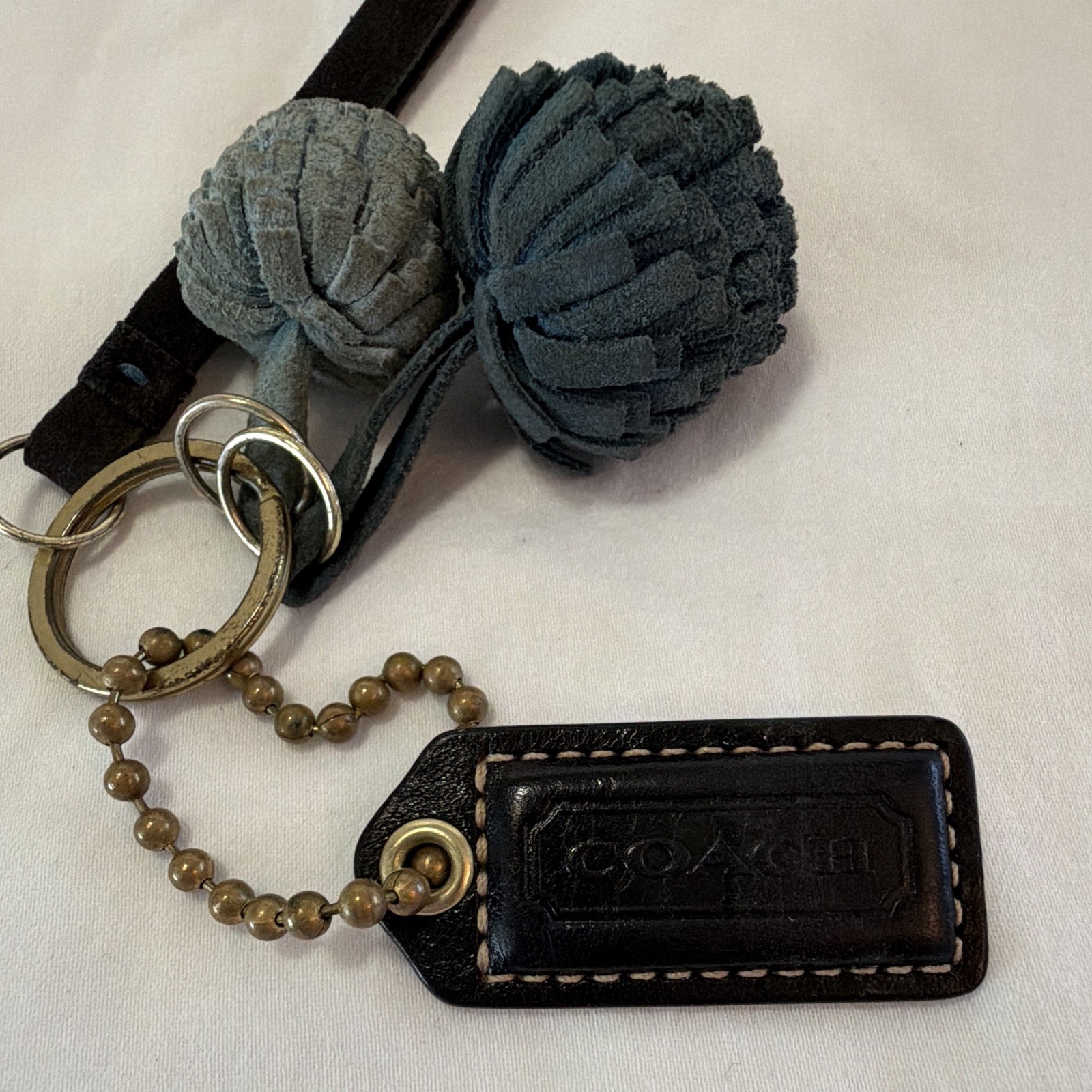 Coach Leather Tassel Logo Keychain Strap Blue/Black Metal Key Chain