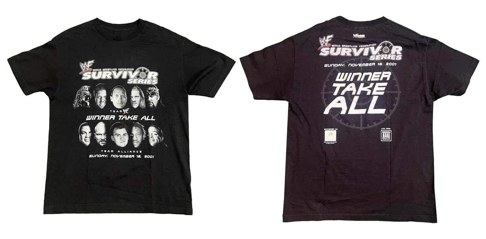 New WWF Survivor Series 2001 Winner Takes All Kane Rvd Booker T-Shirt REPRINT
