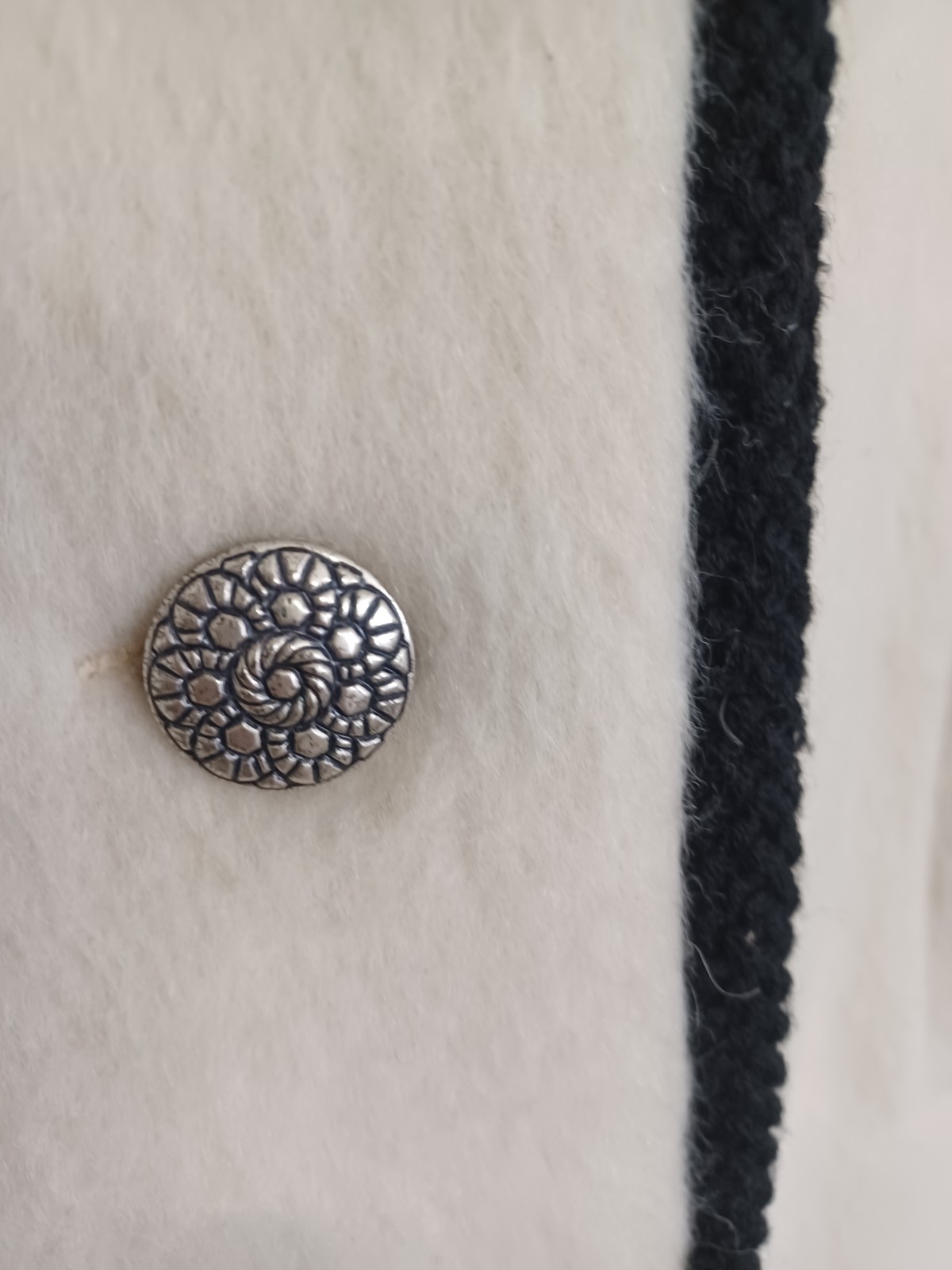 Vintage 60s LODEN WOOL Coat Beautiful Creamy White Black Trim JACKIE O M -L