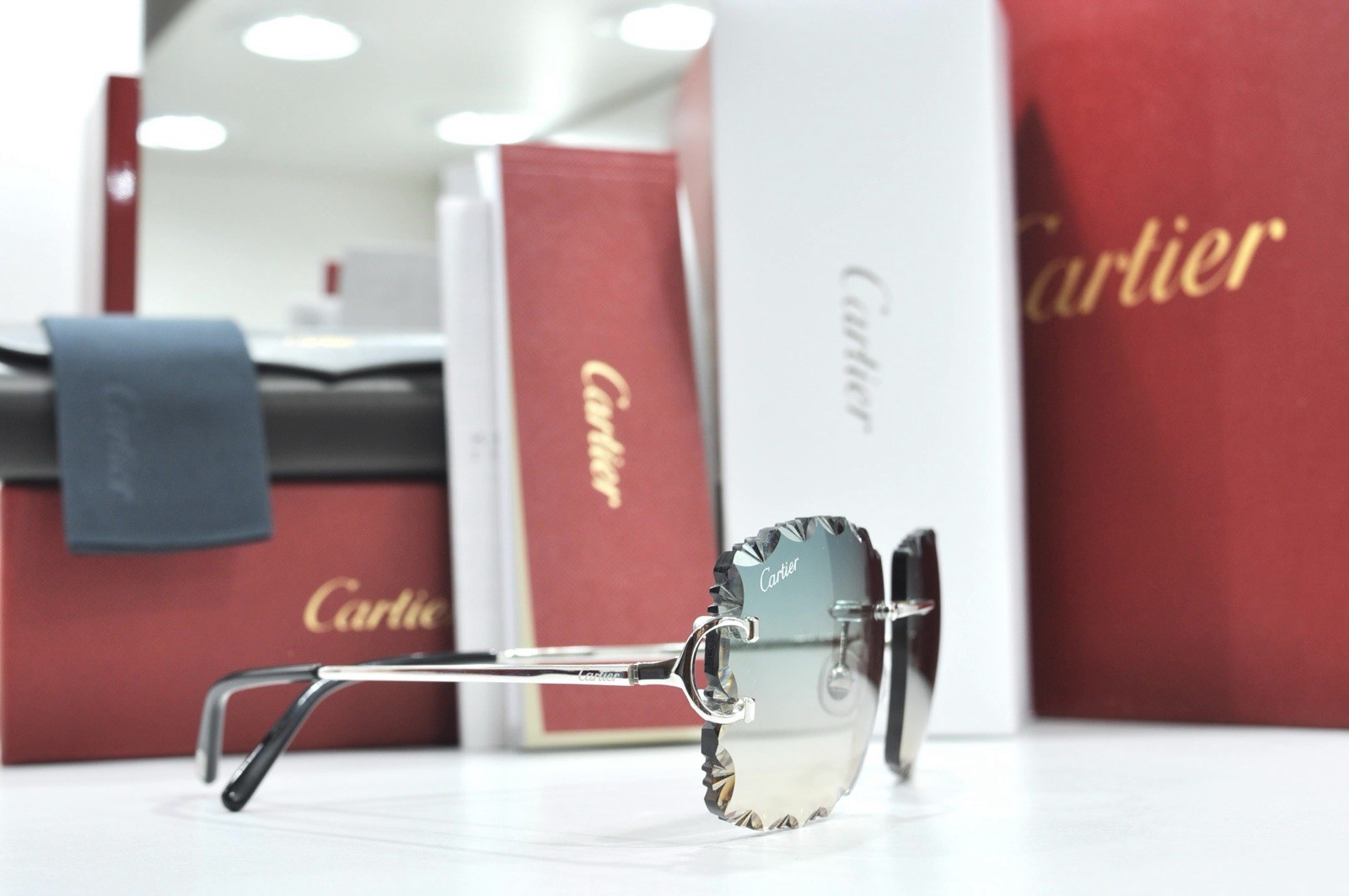 Cartier rimless sunglasses piccadilly glasses Diamond Cut BIG C silver Frame
