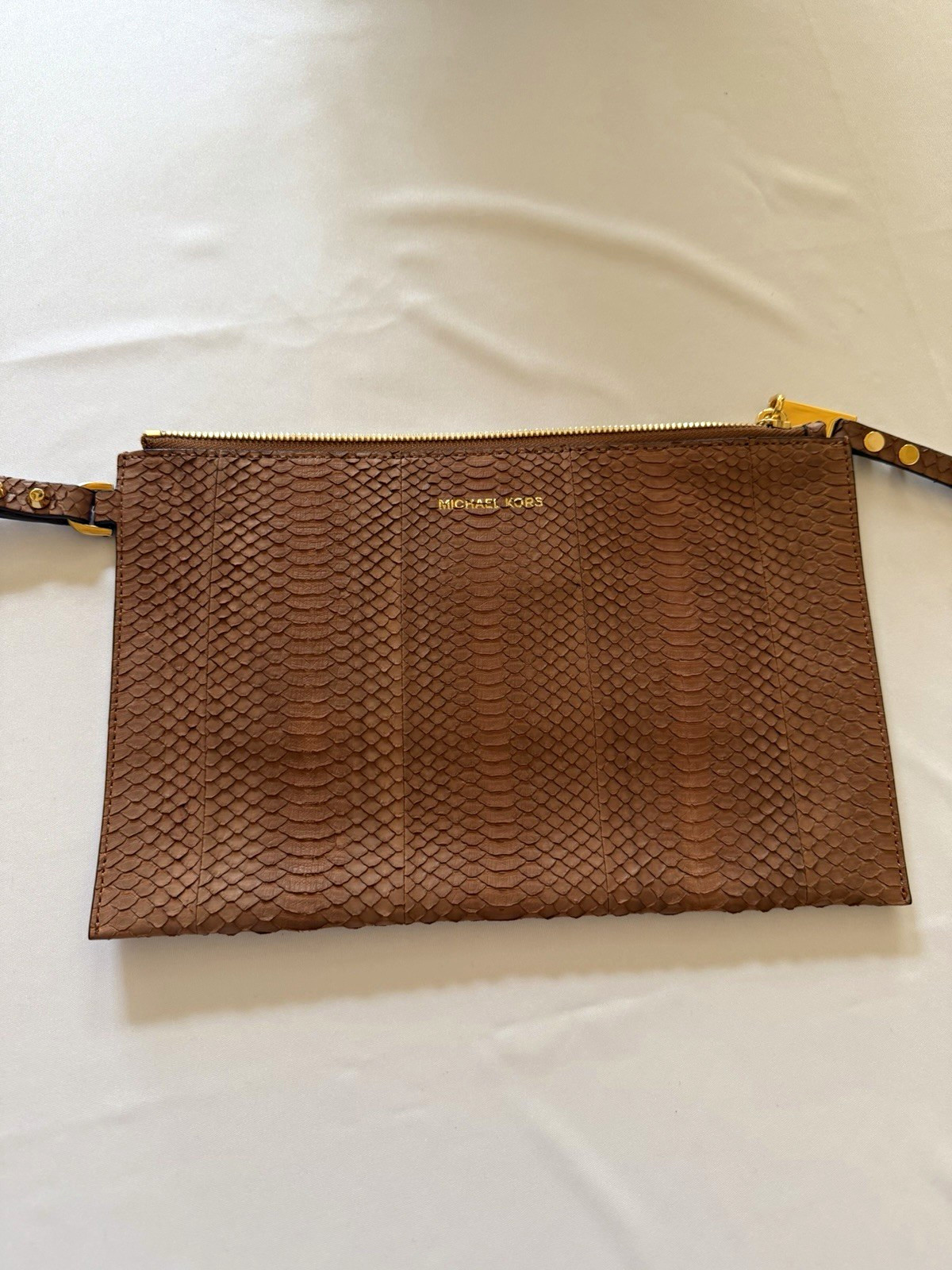 Michael Kors Harlow Large Zip Clutch Wristlet Snake Print Brown Gold Dust Bag