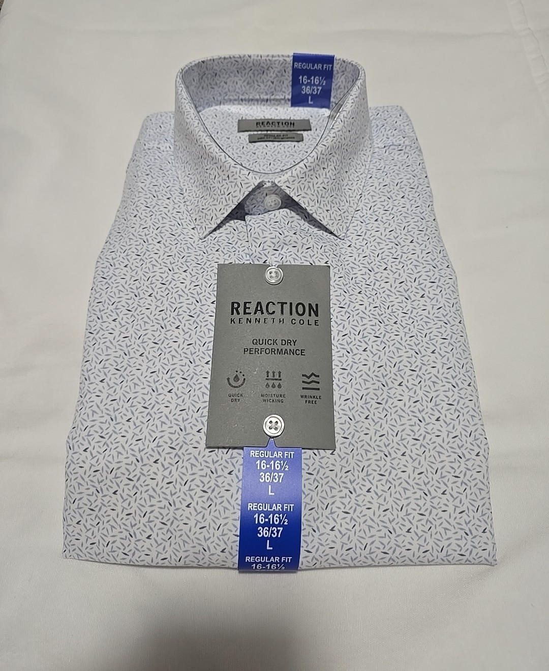 Kenneth Cole Reaction Men’s Quick Dry Performance Dress Shirt, White/Blue, large