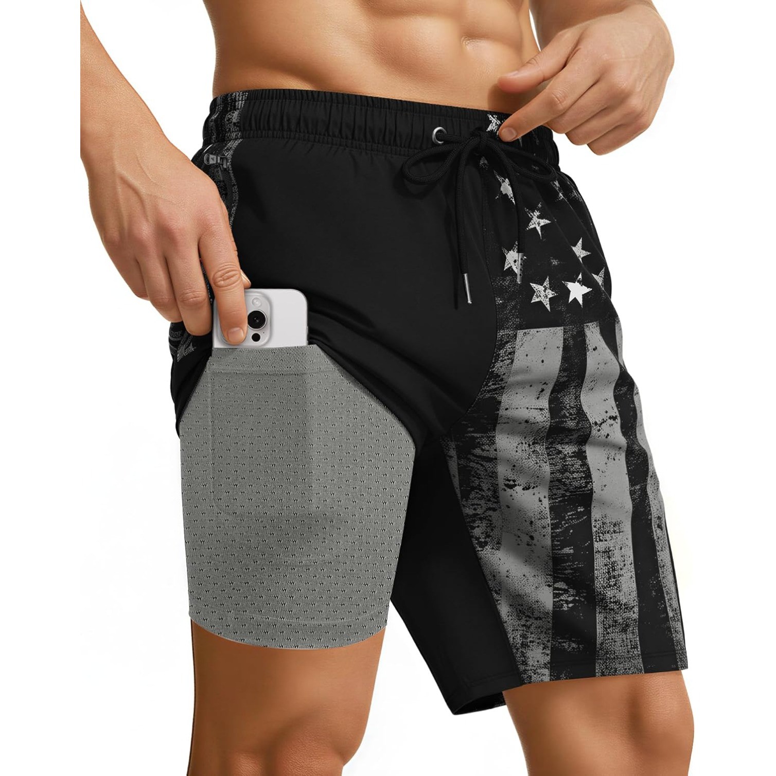 9” Men Swim Trunks with Compression Breathable Liner Quick Dry Zipper Pockets