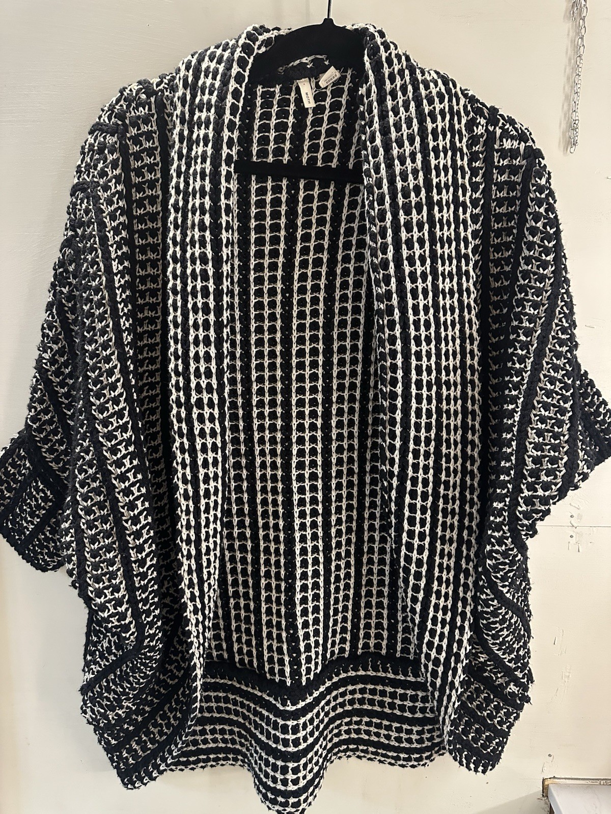 Moth Black White Geometric Knit Open Front Cardigan Sweater Womens L