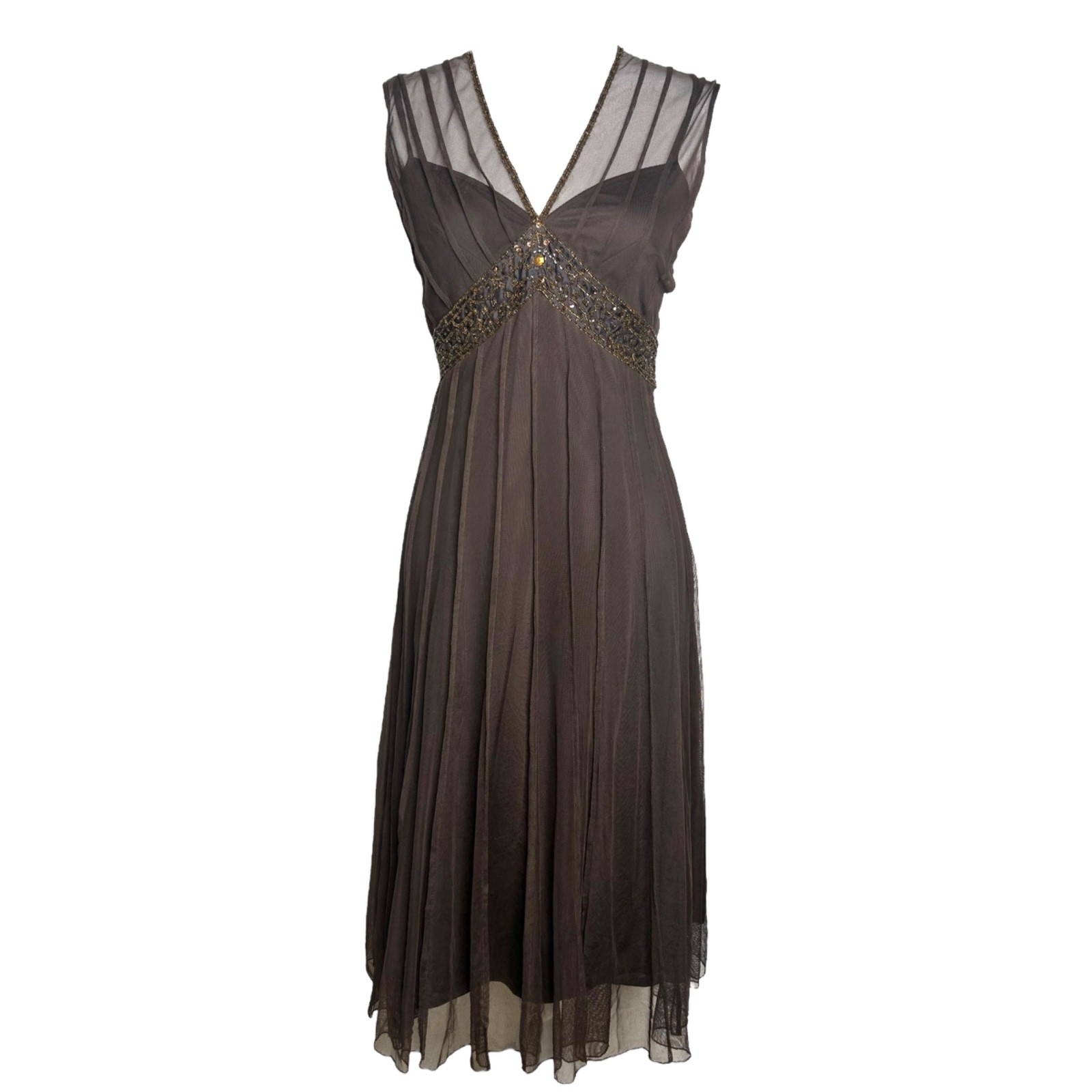 ECI Whimsigoth Dress 8 Brown Beaded Sequin Sleeveless Mesh Retro 20s Midi