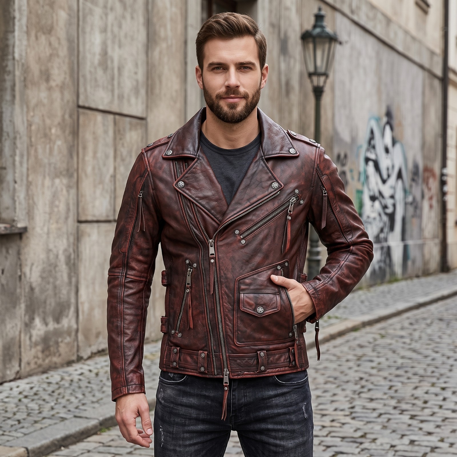 Mens Rugged Rebel Style Brown Leather Jacket- Vintage Punk Rock Motorcycle Outer
