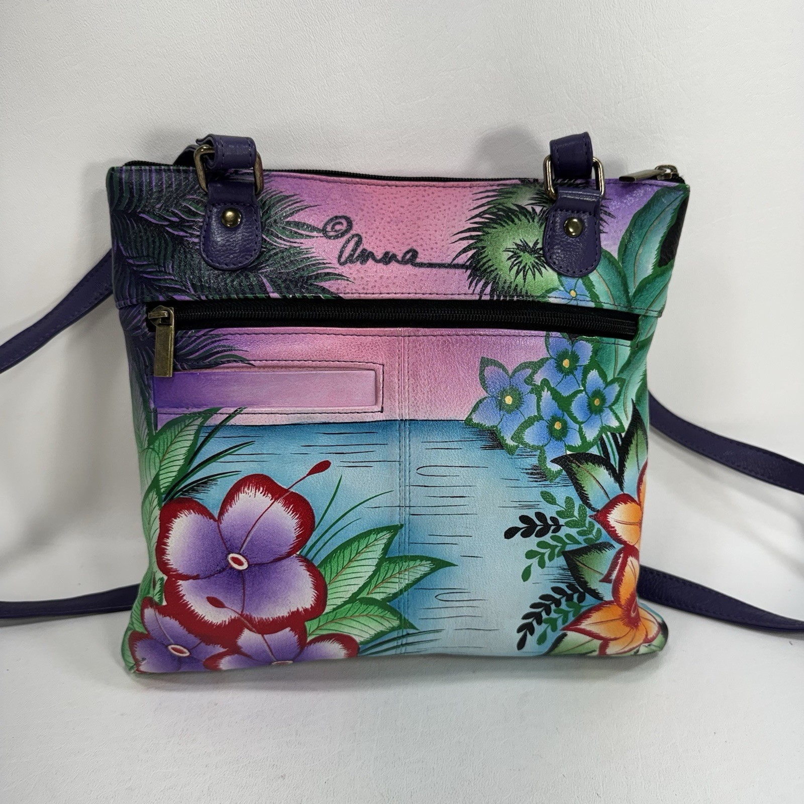Anuschka Hand-Painted Leather Medium Crossbody Tropical Flamingos – See Details