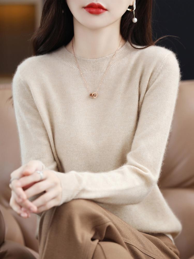 Women’s 100% Merino Wool Sweater O-Neck Long Sleeve Knit Cashmere-Feel Top
