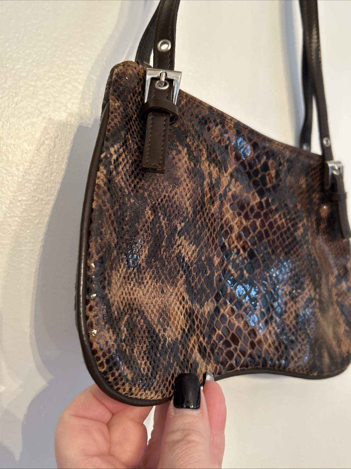 Vera Pelle Italy Brown Snakeskin Purse Leather DoubleHandle Shoulder Bag 10.25”W