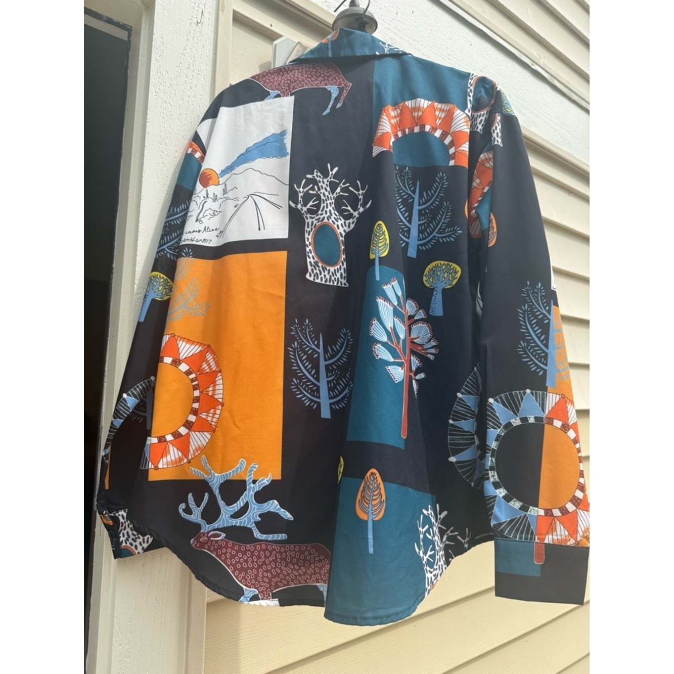Graphic Patchwork Button-Up Shirt in Black, Teal & Orange