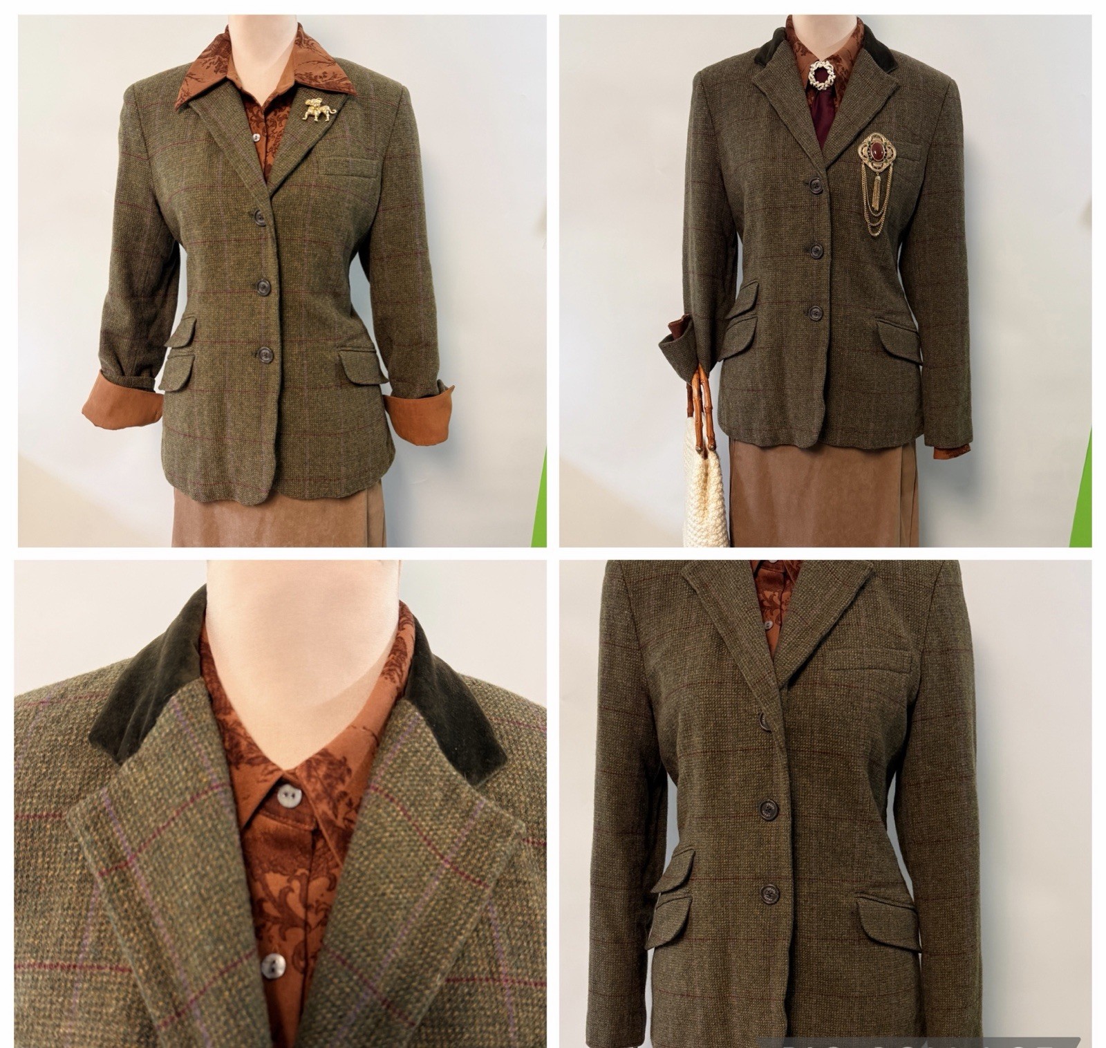 Vintage Women Blazer Olive Wool Blend Equestrian Velvet Collar Windowpane Sz 12