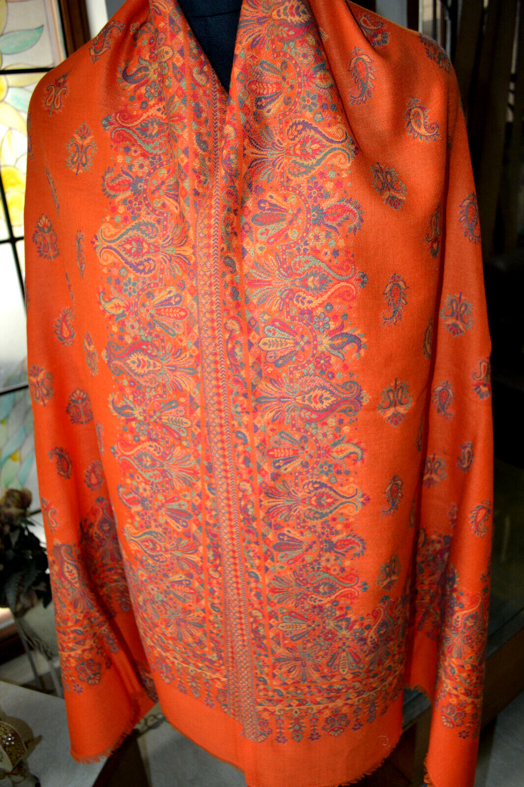 Orange KANI WEAVE Jamawar Stole Wool Blend Pashmina Jamavar Paisely