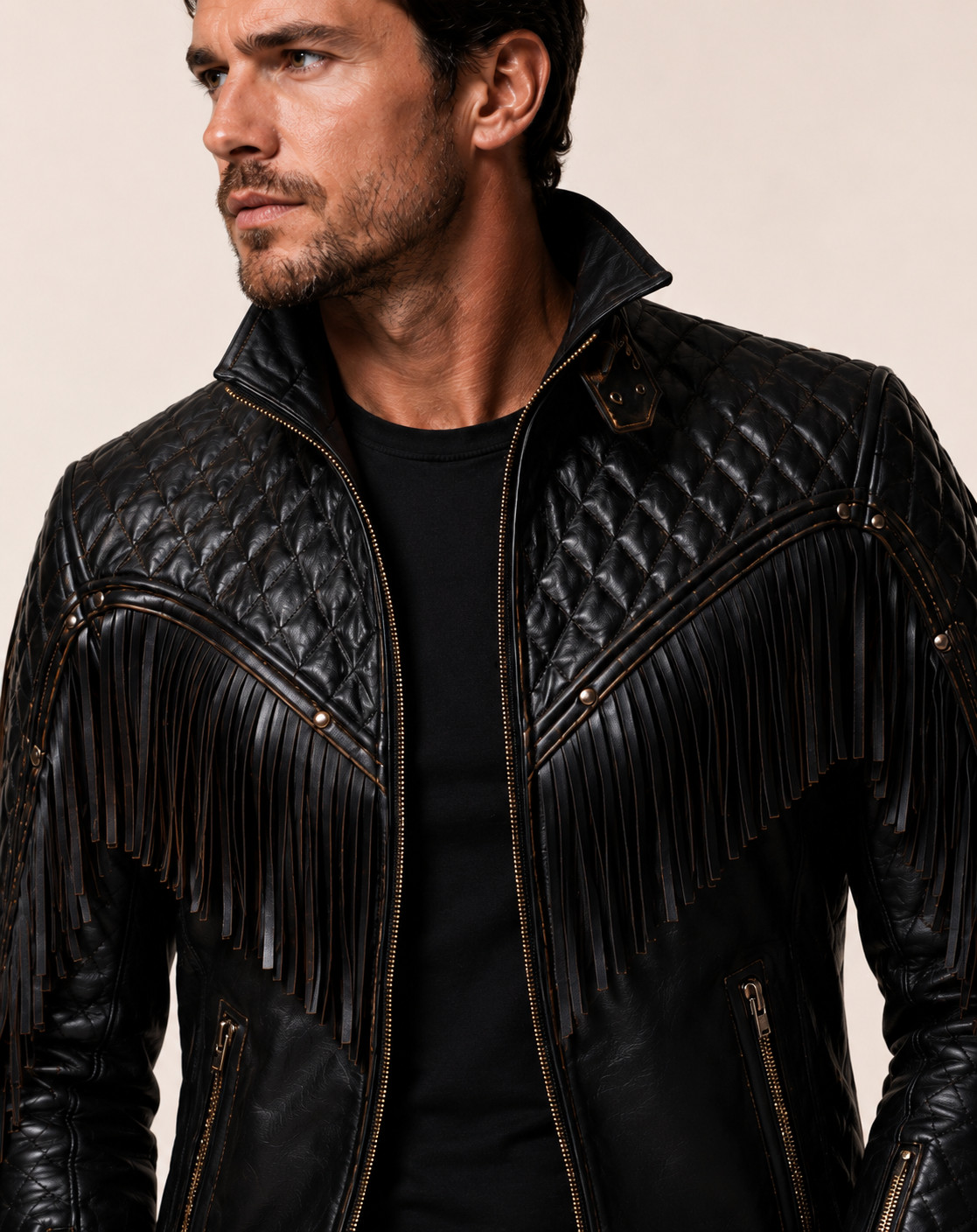 Mens Black Fringe Leather Biker Jacket – Quilted Western – Moto Zip Up StyleCoat