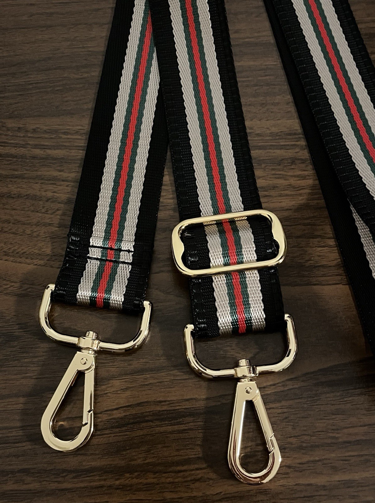 NEW Mautto Woven Nylon Web Stripe Bag Strap, Black, Red, Green Gold Hardware