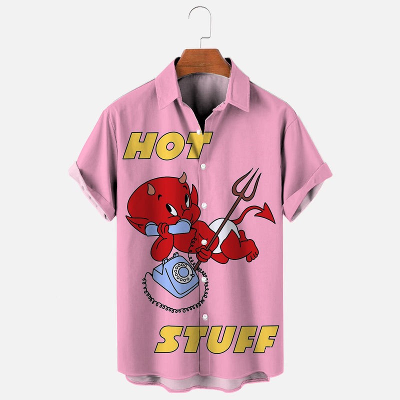 Mens Retro Little Devil Cartoon Print Casual Short Sleeve Shirt
