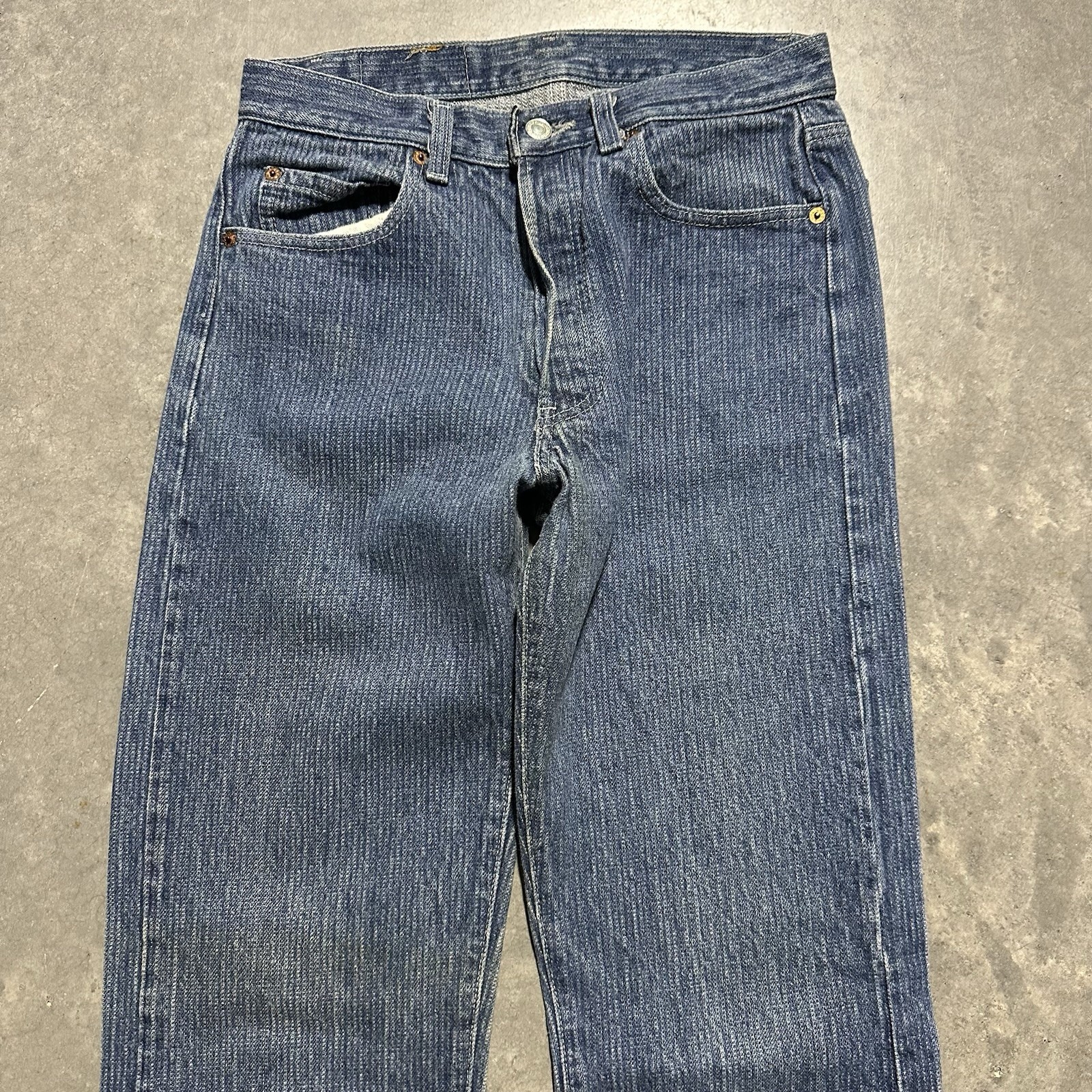 Vintage 80’s Levi’s 501 29×35 Wabash Pinstripe Blue Jeans Button Fly Made USA