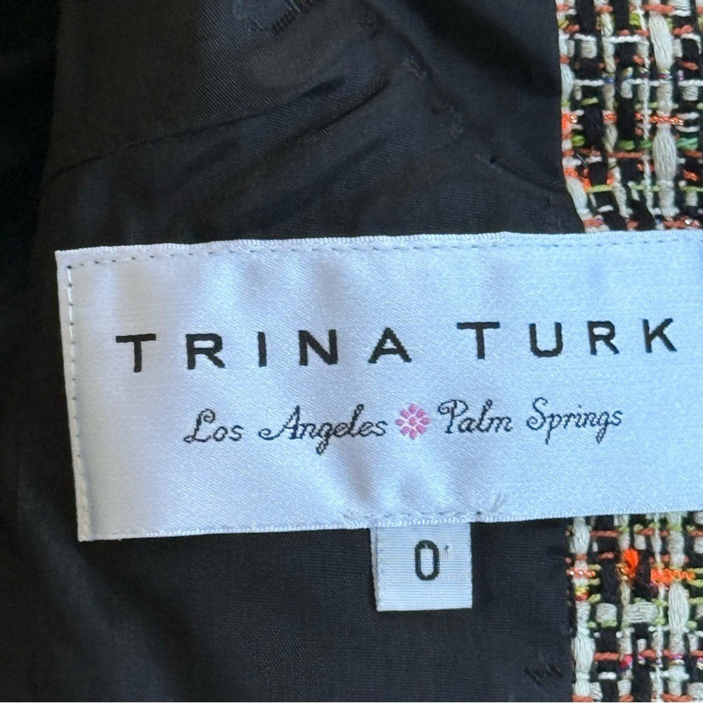 Trina Turk Multicolor Tweed Black Trim Cropped Career Blazer Jacket Womens 0 EUC